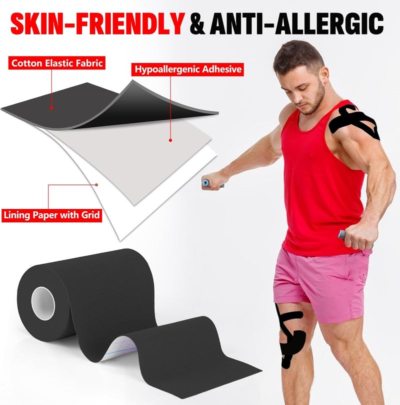 NUITPY 3 Rolls Kinesiology Tape, 4 inch x 14.8 Feet Waterproof Athletic Tape, Uncut Kinetic Tape, Elastic Muscle Tape, Sports Tape, Knee Tape for Exercise and Daily Use - Black - Image 4